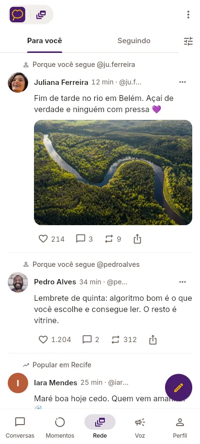 Feed da Rede. Acima de cada post, o motivo de ele aparecer, como “Porque você segue @ju.ferreira”.