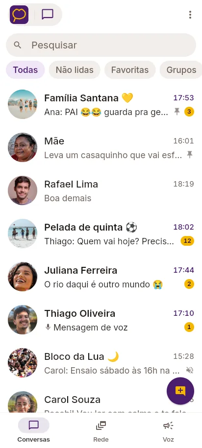 Modo simples: lista de conversas com letras maiores e só três abas, Conversas, Rede e Voz.