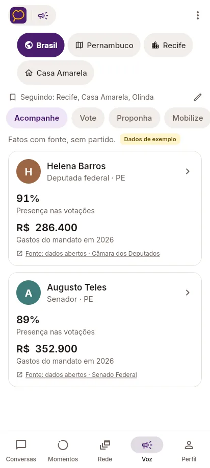Tela Voz: presença nas votações e gastos do mandato de uma deputada e de um senador, com a fonte em dados abertos.
